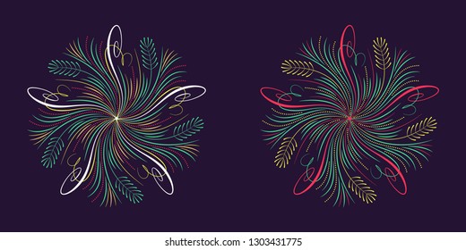 Floral flourish ornament in calligraphic style with 5 repeating rays. Vector radial decoration, round herbal bouquet with flowers and leaves, branches and curls. Floral star, set 1. Blooming garden