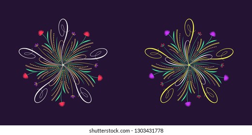 Floral flourish ornament in calligraphic style with 5 repeating rays. Vector radial decoration, round herbal bouquet with flowers and leaves, branches and curls. Floral star, set 6. Blooming garden