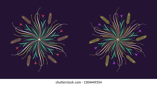 Floral flourish ornament in calligraphic style with 6 repeating rays. Vector radial decoration, round herbal bouquet with flowers and leaves, branches and curls. Floral star, set 7. Blooming garden