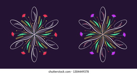 Floral flourish ornament in calligraphic style with 6 repeating rays. Vector radial decoration, round herbal bouquet with flowers and leaves, branches and curls. Floral star, set 9. Blooming garden