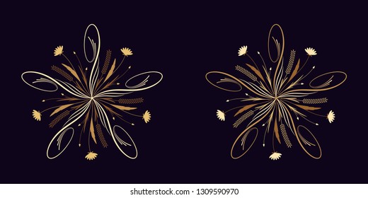 Floral flourish ornament in golden calligraphic style with 5 repeating rays. Vector radial decoration, round herbal bouquet with flowers and leaves, branches and curls. Floral star, set 9