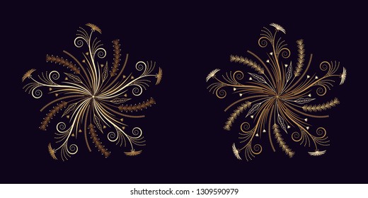 Floral flourish ornament in golden calligraphic style with 5 repeating rays. Vector radial decoration, round herbal bouquet with flowers and leaves, branches and curls. Floral star, set 4