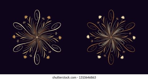 Floral flourish ornament in golden calligraphic style with 6 repeating rays. Vector radial decoration, round herbal bouquet with flowers and leaves, branches and curls. Floral star, set 6