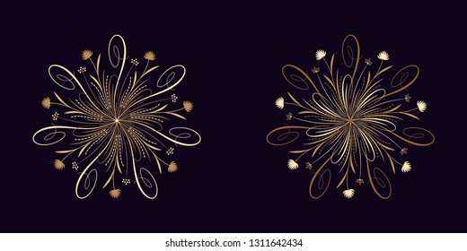 Floral flourish ornament in golden calligraphic style with 7 repeating rays. Vector radial decoration, round herbal bouquet with flowers and leaves, branches and curls. Floral star, set 6