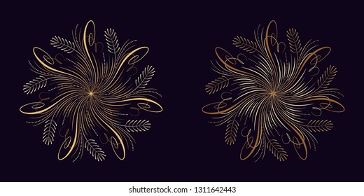 Floral flourish ornament in golden calligraphic style with 7 repeating rays. Vector radial decoration, round herbal bouquet with flowers and leaves, branches and curls. Floral star, set 1