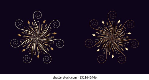 Floral flourish ornament in golden calligraphic style with 7 repeating rays. Vector radial decoration, round herbal bouquet with flowers and leaves, branches and curls. Floral star, set 8