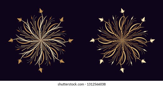 Floral flourish ornament in golden calligraphic style with 8 repeating rays. Vector radial decoration, round herbal bouquet with flowers and leaves, branches and curls. Floral star, set 3