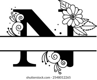 Floral Flourish Split Letter N Monogram, Black and White Alphabet Logo Design