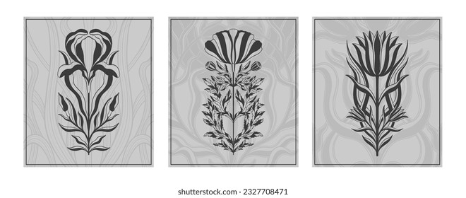 Floral flower in art nouveau 1920-1930. Hand drawn tulip in a linear style with weaves of lines, leaves and flowers art nouveau. Vector illustration.