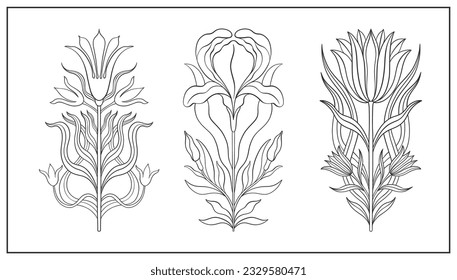 Floral flower in art nouveau 1920-1930. Hand drawn tulip in a linear style with weaves of lines, leaves and flowers art nouveau. Vector illustration.