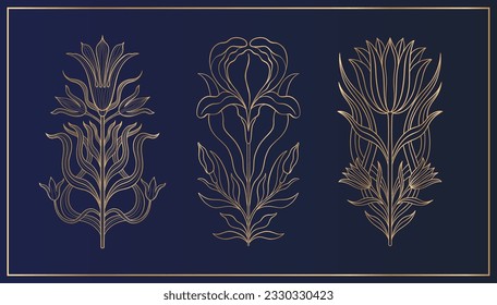 Floral flower in art nouveau 1920-1930. Hand drawn tulip in a linear style with weaves of lines, leaves and flowers. Vector illustration.