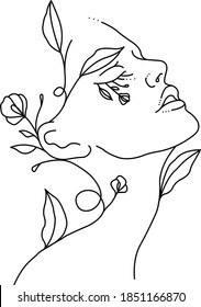 Floral Flower Beauty Woman Face Art. Vector Illustration. Black And White. White Background. One Line Drawing.