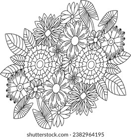 Floral Flower Bouquet Adult Coloring Page Meditation Stress-Free Intricate Coloring Page Botanical