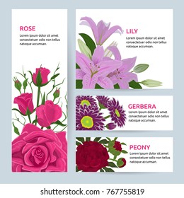 Floral flower card invitation vector set greeting postcard with flowering bouquet of rose lily gerbera peony vintage illustration invite isolated on white background.