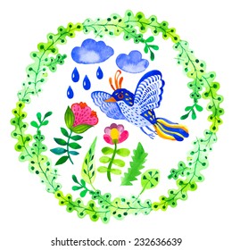 Floral flower frame with bird. Watercolor elements for decoration and create your design. Watercolor doodling. Fabulous pattern.