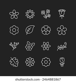 Floral, flower icon set, white on black. Botanical decor with flowers, plants, foliage decorative elements. Customizable line thickness