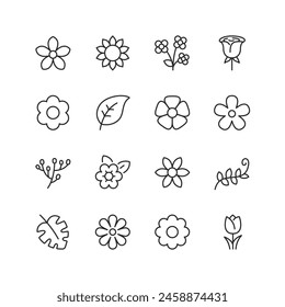 Floral, Flower, linear style icon set. , Botanical Decor. Decorative elements featuring flowers, plants, and foliage. Editable stroke width