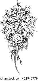 A floral flower wedding brides bouquet in a sketch drawing style