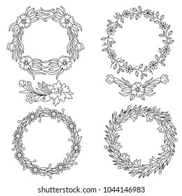 Floral flower wreath decorative elements doodle line vector set