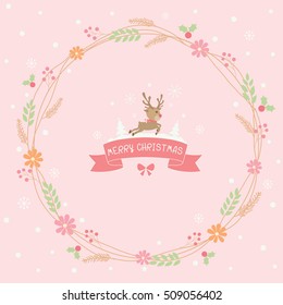 Floral and flower wreath for merry christmas and happy new year holiday party with cute reindeer and ribbons.Illustration vector pink  pastel background colors.