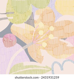 Floral, flores y plantas grabado abstracto dibujado a mano ilustración vectorial de fondo. Diseño de patrones tropicales de arte de línea moderna para banner, arte de pared, tela, textil y estampados.