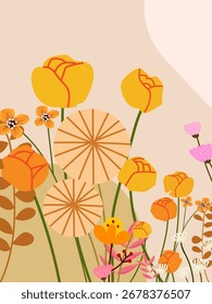 Floral, flowers and plants template vector for poster, card, cover, label, banner, art print. Abstract minimalist modern botanical design.