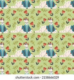Floral fluffy lying llama pattern. Alpaca character animal background hand drawn doodle naive vector art. Cute digital paper fabric textile wallpaper 