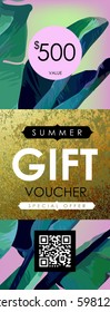 Floral flyer, discount voucher, gift certificate vector template. Trendy summer illustration. Tropical banana palm leaves and glittering gold texture.