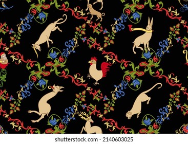 Floral fnd animals vintage seamless pattern. Medieval illuminati manuscript inspiration. Design for wrapping paper, wallpaper, fabrics and fashion clothes. Vector illustration.