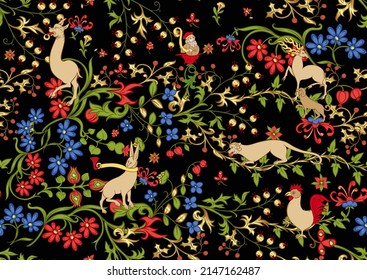 Floral fnd animals vintage seamless pattern. Medieval illuminati manuscript inspiration. Design for wrapping paper, wallpaper, fabrics and fashion clothes. Vector illustration.