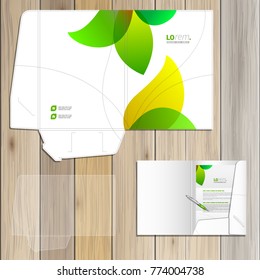 Floral folder template design for corporate identity with green leaves. Stationery set