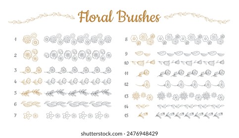 Floral, Foliage Brushes Collection with Flowers, Leaves, Herbs. Vector Artistic Brush Strokes. Swatches included. isolated Elegant Design Kit on White Background. Summer and spring flowers.