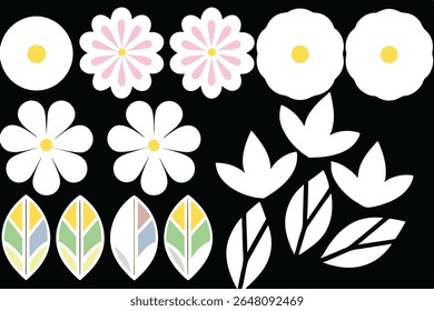 Vetor plano floral e foliar definido com cores brancas, amarelas e verdes no plano de fundo preto. Clipart botânico de contraste moderno.