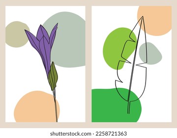 Floral and foliage one line art drawing with abstract shapes for print, cover, wallpaper, minimal and natural wall art.