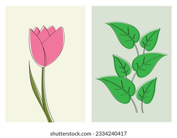 Floral and foliage one line art color illustration vector for print, cover, wallpaper, minimal and natural wall art.