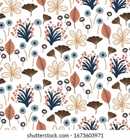 Floral foliage seamless pattern with plants and flowers. Vector brown and blue background design.