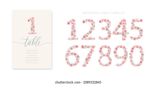 Floral and foliage watercolor number set. Number Monogram. Wedding calligraphy guests seating cards.