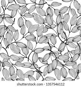 Floral foliate seamless pattern, drawn by ink on the background, line art ink drawings. Stylized decorative elements. For textile, banner, packaging, scrapbooking - Stock Illustration