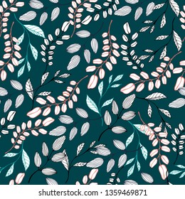 Floral foliate seamless pattern, drawn by ink on the background, line art ink drawings. Stylized decorative elements. For textile, banner, packaging, scrapbooking - Stock Illustration