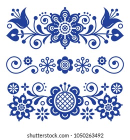 Tarjeta de saludo de arte folclórico, elementos de diseño, decoración de estilo escandinavo con flores y hojas, composiciones florales de color azul marino retro.
Patrones nórdicos tradicionales, ornamentos primaverales aislados en blanco

