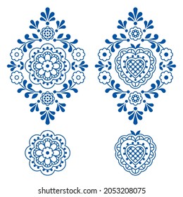 Floral folk art outline vector motif set with flowers, leaves and heart, retro decorations inspired by lace and embroidery patterns, elegant design elements for greeting card, wedding invitation. 