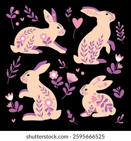 Floral Folk Art Rabbits on Black Background. A decorative vector illustration featuring stylized rabbits adorned with intricate floral patterns in a folk art style. Surrounded by flowers and leaves