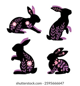 Floral Folk Art Rabbits on White Background. A decorative vector illustration featuring stylized rabbit silhouettes with floral patterns in a folk art style