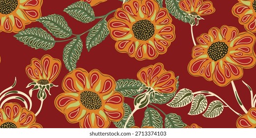 Arte folclórica floral padrão sem costura. Botânica estilizada desenhado à mão motivos da natureza, motivos populares. Estilizado colorido rosa quadris, estilo plano. Impressão de tecido, papel de parede e superfícies