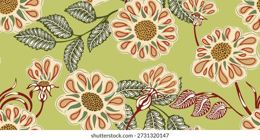 Arte folclórica floral padrão sem costura. Botânica estilizada desenhado à mão motivos da natureza, motivos populares. Estilizado colorido rosa quadris, estilo plano. Impressão de tecido, papel de parede e superfícies