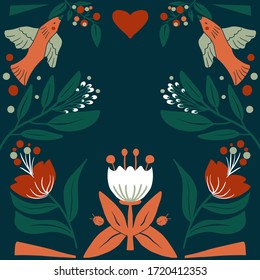 Floral Folk art  square pattern in modern style, Scandi vector i