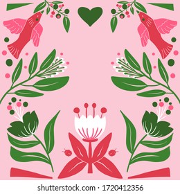 Floral Folk art  square pattern in modern style, Scandi vector i