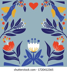 Floral Folk Art  Square Pattern In Modern Style, Scandi Vector I