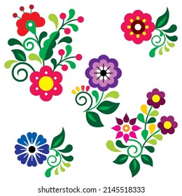 Elementos de diseño vectorial de estilo folclórico de arte folclórico perfecto para tarjetas de felicitación por invitación, inspirados en el bordado tradicional de México. Colección de adornos vibrantes con flores y remolinos sobre blanco 