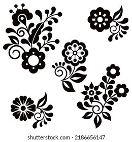 Elementos de diseño vectorial de estilo folclórico de arte folclórico perfecto para la tarjeta de saludo por invitación, inspirados en el bordado tradicional de México en blanco y negro. Colección de ornamentos monocromos con flores 